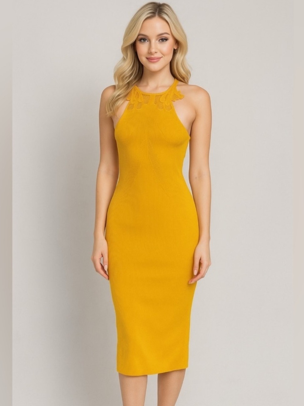 Self-Portrait Canary Yellow Ribbed Knit Bodycon Midi Dress With Lace Size Small - Picture 5 of 14